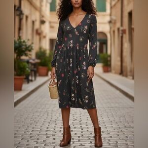 Old Navy Black Floral Fit & Flare Knit Midi Dress Women's Size M Boho Feminine